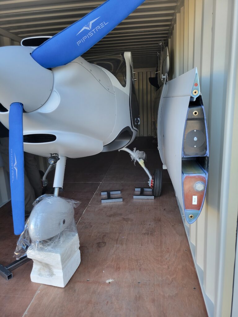 Shipping containers for transporting aircraft and equipments PIPISTREL Aircraft in a custom made container