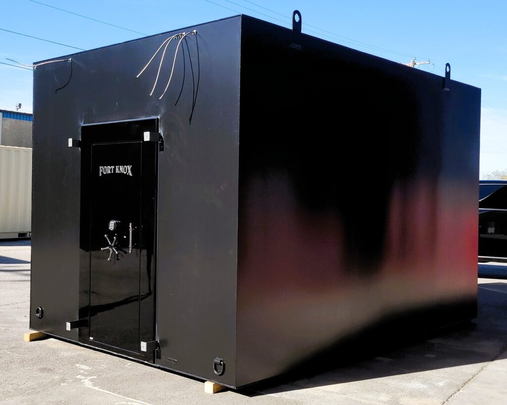 10 x 15 walk-in Gun Vaults custom built by Ultimate Bunker with a Fort Knox Door